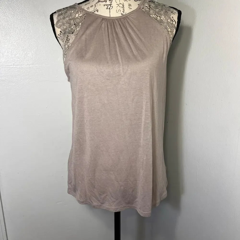 H&M, S, lace sleeveless gathered scoop neck, viscose shirt taupe 